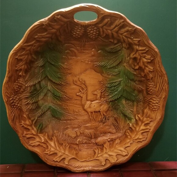 Vintage 1970s Resin Trinket Dish / Wall Display Deer Pine Trees Stream Mountain - Picture 1 of 3